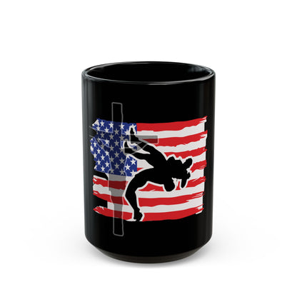 Faith Wrestler Black Mug - 11oz & 15oz | American Flag Design