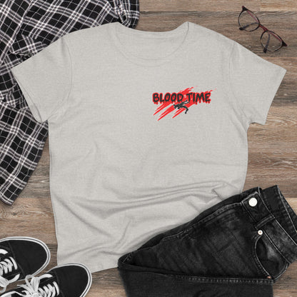 Humorous Women's Midweight Cotton Tee - 'Blood Time & Coach Swear' Graphic Shirt