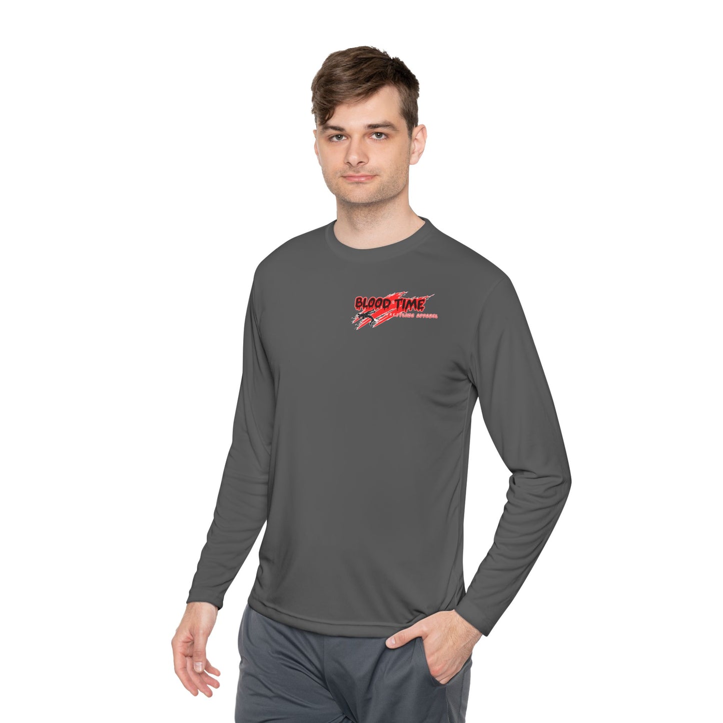 Unisex Lightweight Long Sleeve Tee - Blood Time Graphic Tee for Fitness Enthusiasts