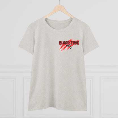 Humorous Women's Midweight Cotton Tee - 'Blood Time & Coach Swear' Graphic Shirt