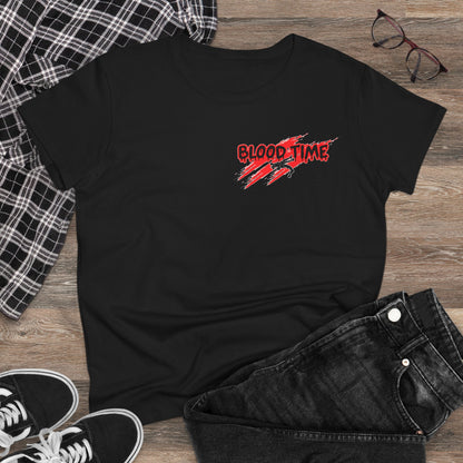 Humorous Women's Midweight Cotton Tee - 'Blood Time & Coach Swear' Graphic Shirt