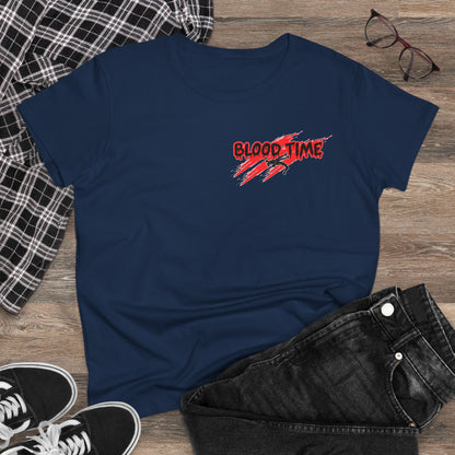 Humorous Women's Midweight Cotton Tee - 'Blood Time & Coach Swear' Graphic Shirt