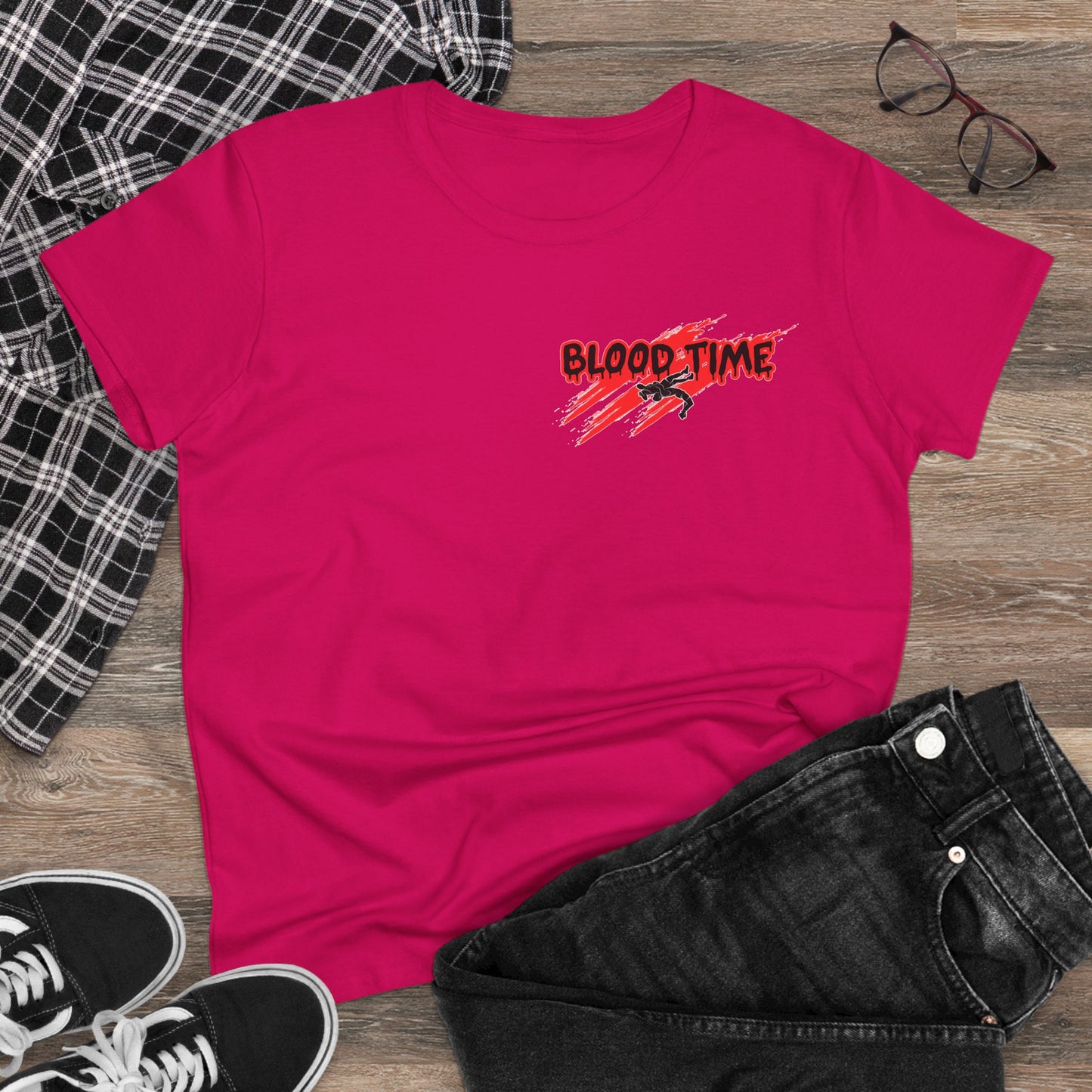 Humorous Women's Midweight Cotton Tee - 'Blood Time & Coach Swear' Graphic Shirt