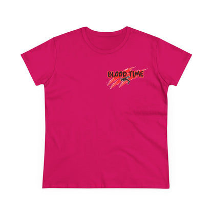 Humorous Women's Midweight Cotton Tee - 'Blood Time & Coach Swear' Graphic Shirt